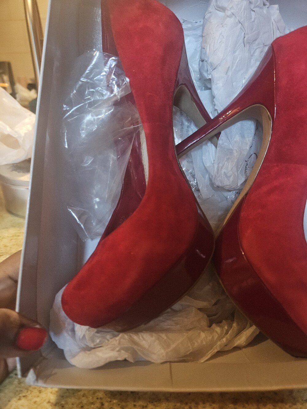 Red Suede Platform High Heels - Women